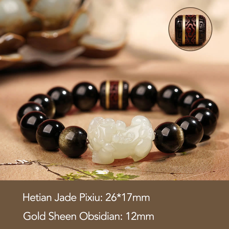 Buddha Stones Brillo de oro natural Obsidiana Hetian Cian Jade Blanco Jade PiXiu Pulsera de riqueza