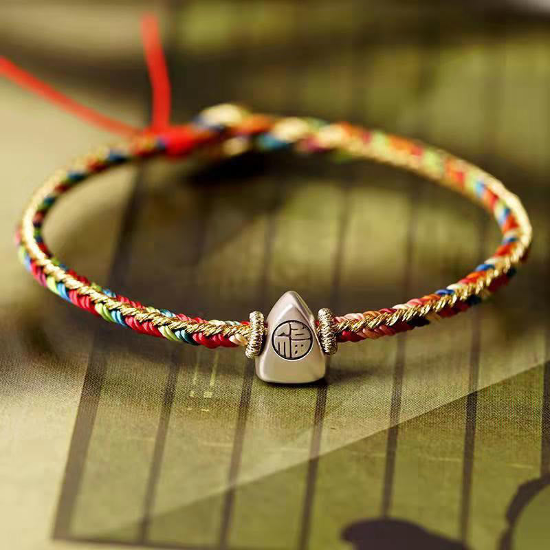 Pulsera trenzada hecha a mano con diseño de personaje Fu Zongzi de plata de ley 925 con Buddha Stones