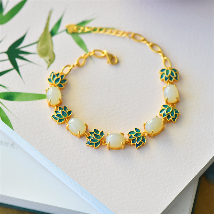 Pulsera de Protección de Loto de Jade Cian de Jade Blanco con Buddha Stones