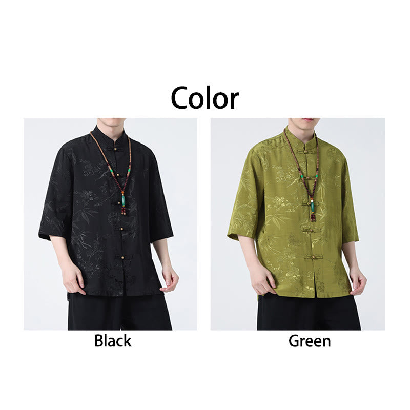 Camiseta china de media manga con botones de rana y hojas de bambú, flor de melocotón, Buddha Stones , camiseta para hombre