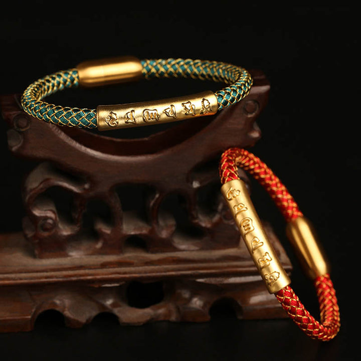 Pulsera con hebilla magnética trenzada a escala de dragón con protección Om Mani Padme Hum de plata de ley 999 hecha a mano con Buddha Stones