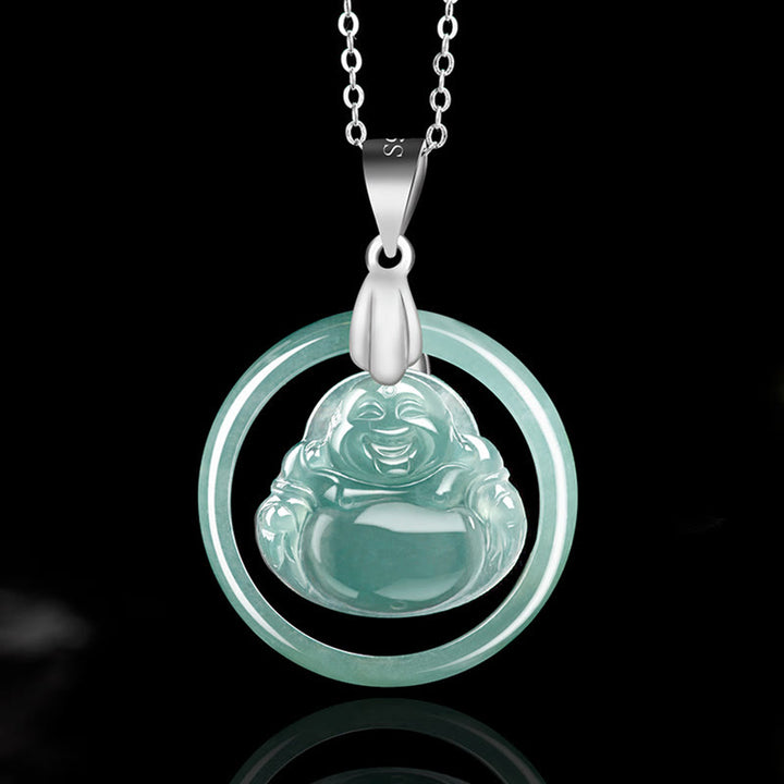 Buddha Stones de plata de ley 925, colgante de collar de cadena de abundancia de Buda sonriente redondo de Jade Natural