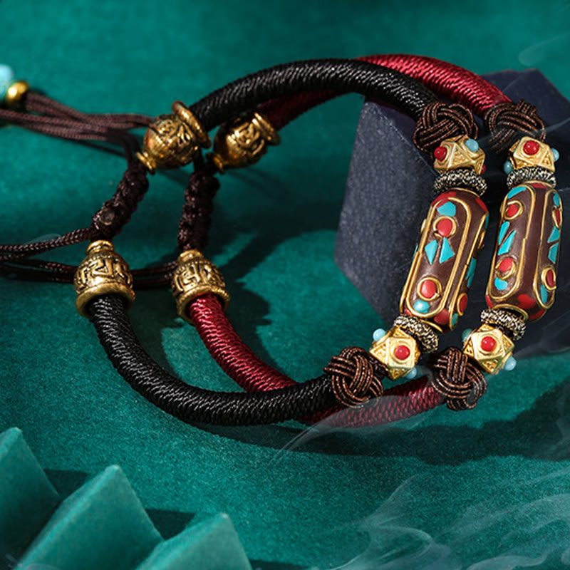 Pulsera trenzada de fuerza Om Mani Padme Hum de turquesa tibetana hecha a mano con Buddha Stones