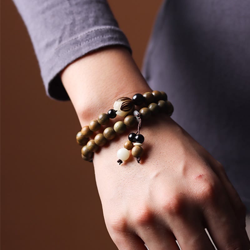 Pulsera de doble vuelta relajante con Buddha Stones, sándalo verde, semilla de Bodhi, loto