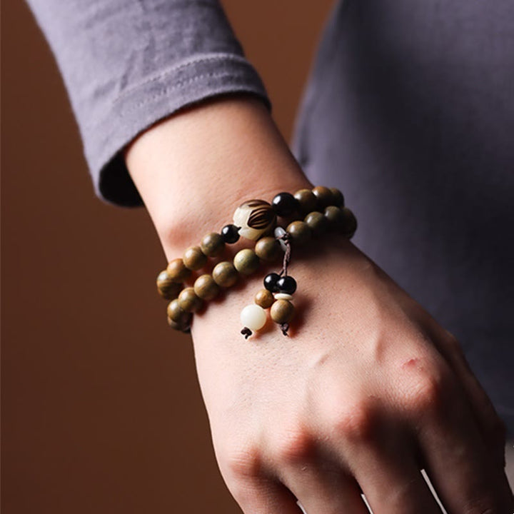 Pulsera de doble vuelta relajante con Buddha Stones, sándalo verde, semilla de Bodhi, loto