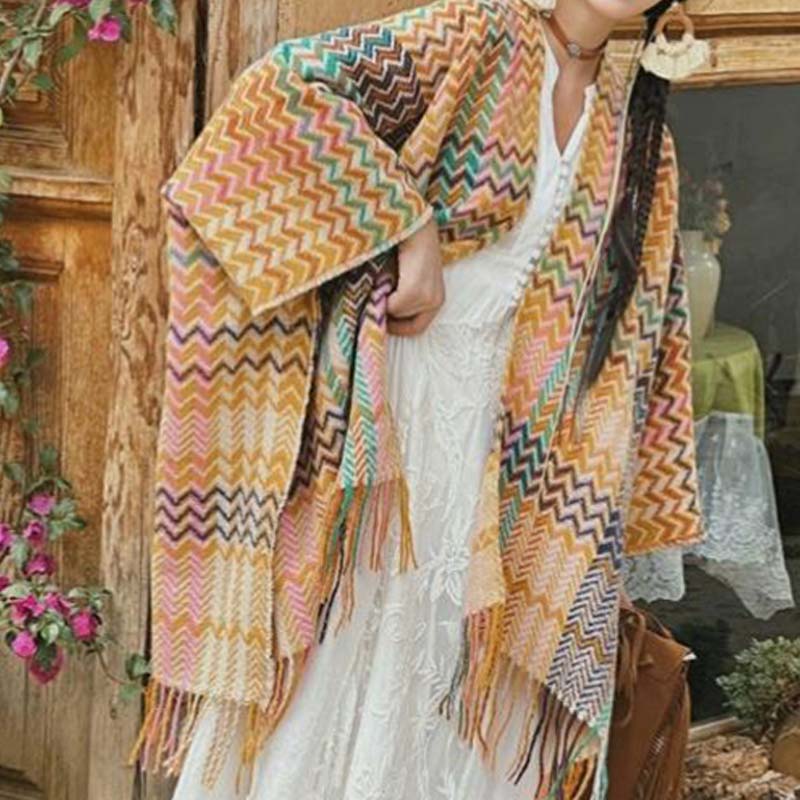Chal tibetano con Buddha Stones , coloridas formas onduladas a rayas, borlas, bufanda de viaje acogedora para invierno
