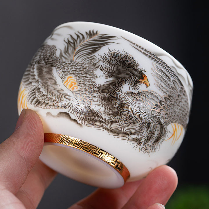 Taza de té de cerámica de porcelana blanca Phoenix Buddha Stones, taza de té de Kung Fu de 185ml con caja de regalo