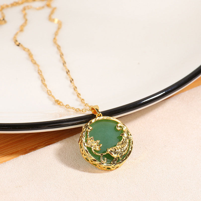 Colgante de collar de la suerte de loto de pez Koi de jade natural con Buddha Stones - image 2