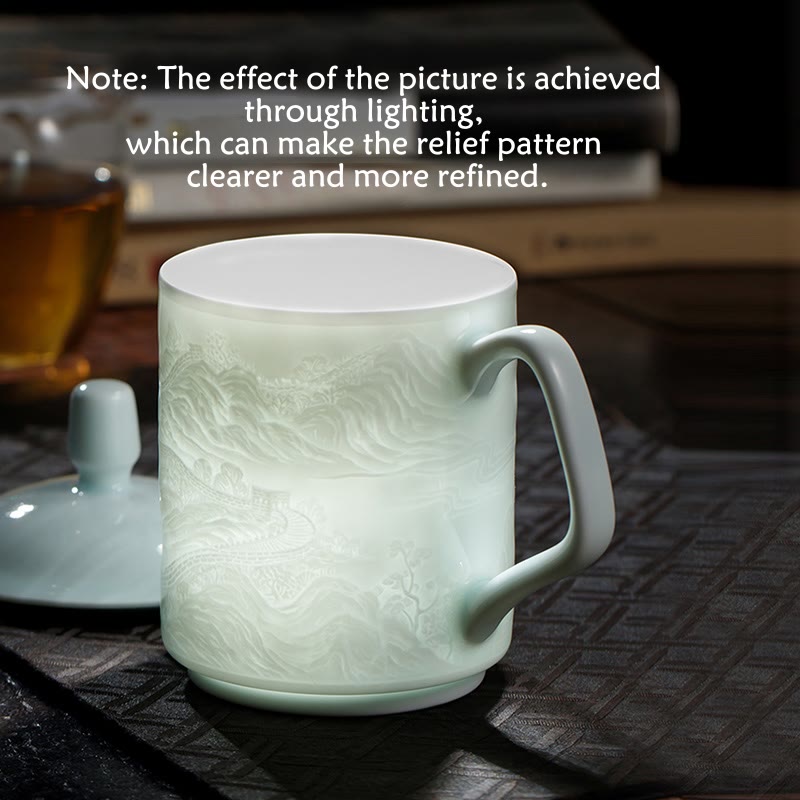Buddha Stones Jingdezhen, porcelana blanca hecha a mano, gran pared, paisaje, taza de té de cerámica grabada, taza de oficina, tazas de té