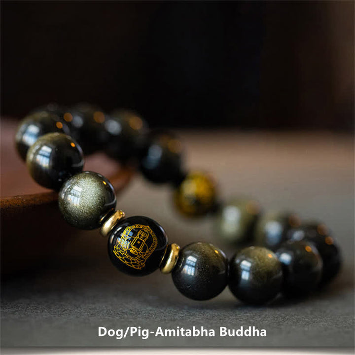 Pulsera de protección de la riqueza de obsidiana con brillo dorado del Buda Natal del zodíaco chino