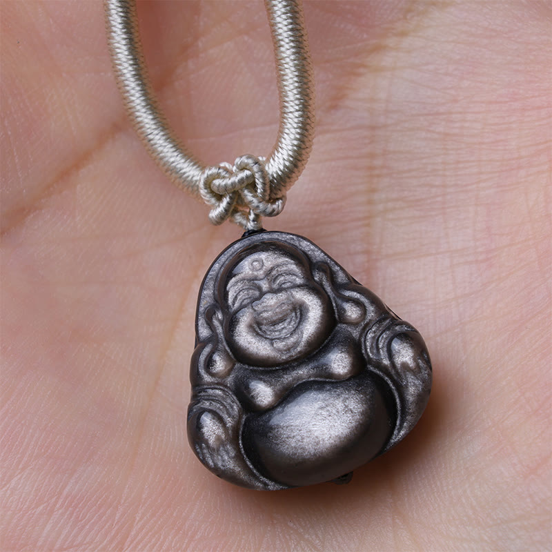 Colgante de collar de protección de Buda sonriente de obsidiana brillante de plata natural con Buddha Stones - image 3