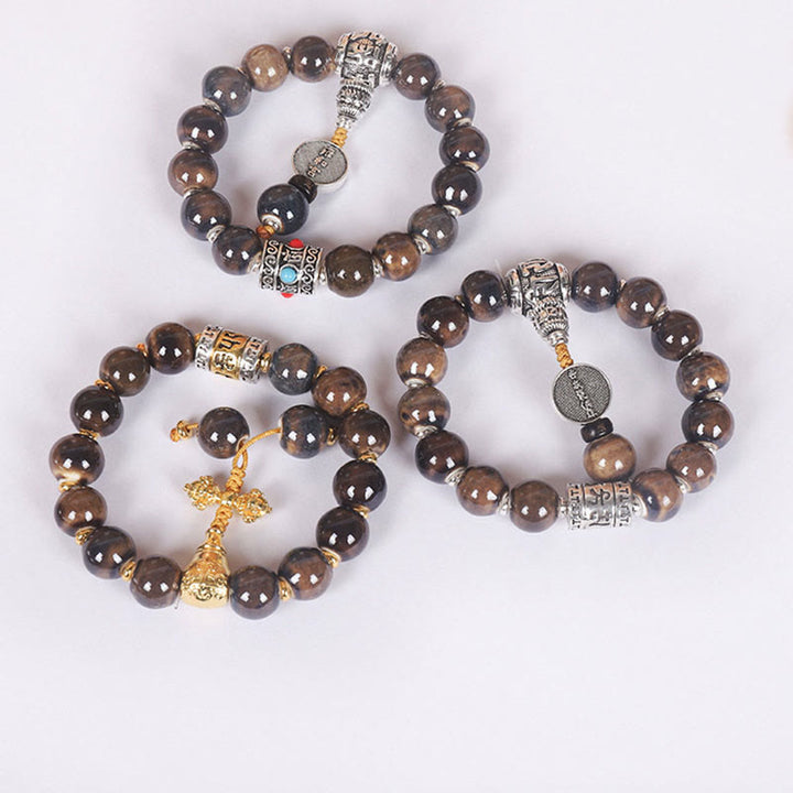 Buddha Stones Tíbet Om Mani Padme Hum Rueda de oración Dorje Vajra Pulsera de sabiduría con cuentas de vidrio grabadas