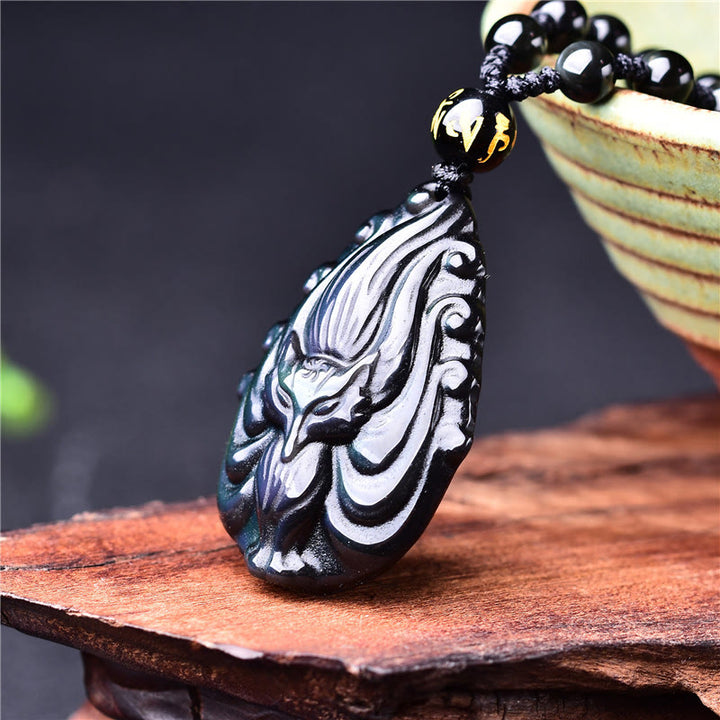 Buddha Stones, obsidiana arcoíris Natural, zorro de nueve colas, collar de paz interior, colgante de cuerda con cuentas