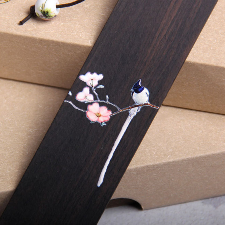 Marcapáginas de madera de ébano con diseño de flor de pájaro Oriole de Buddha Stones con caja de regalo
