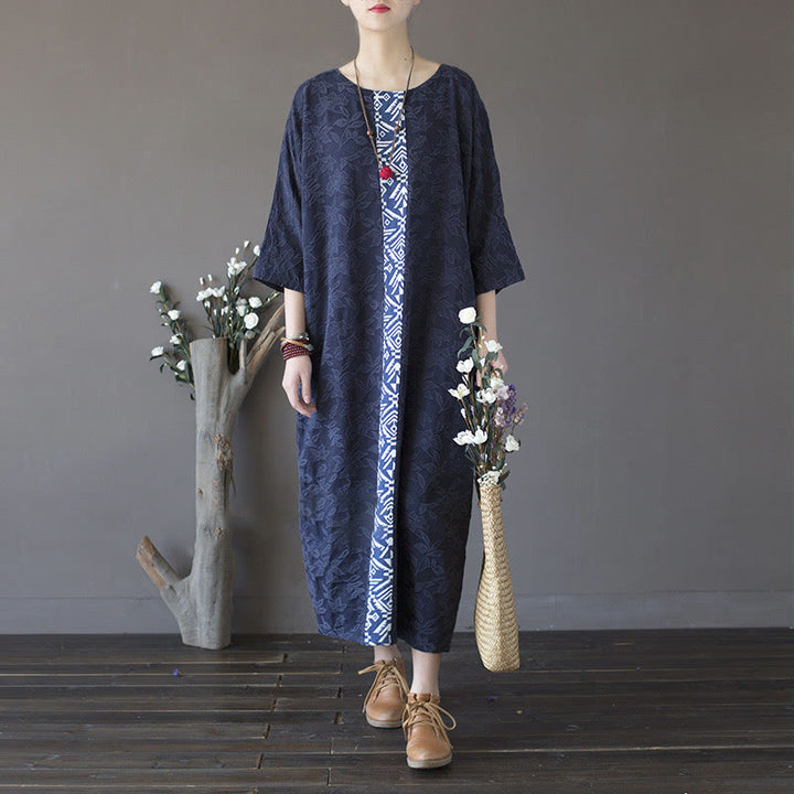 Vestido midi de jacquard con bordado de flores azules y Buddha Stones Vestido de algodón con manga tres cuartos y bolsillos