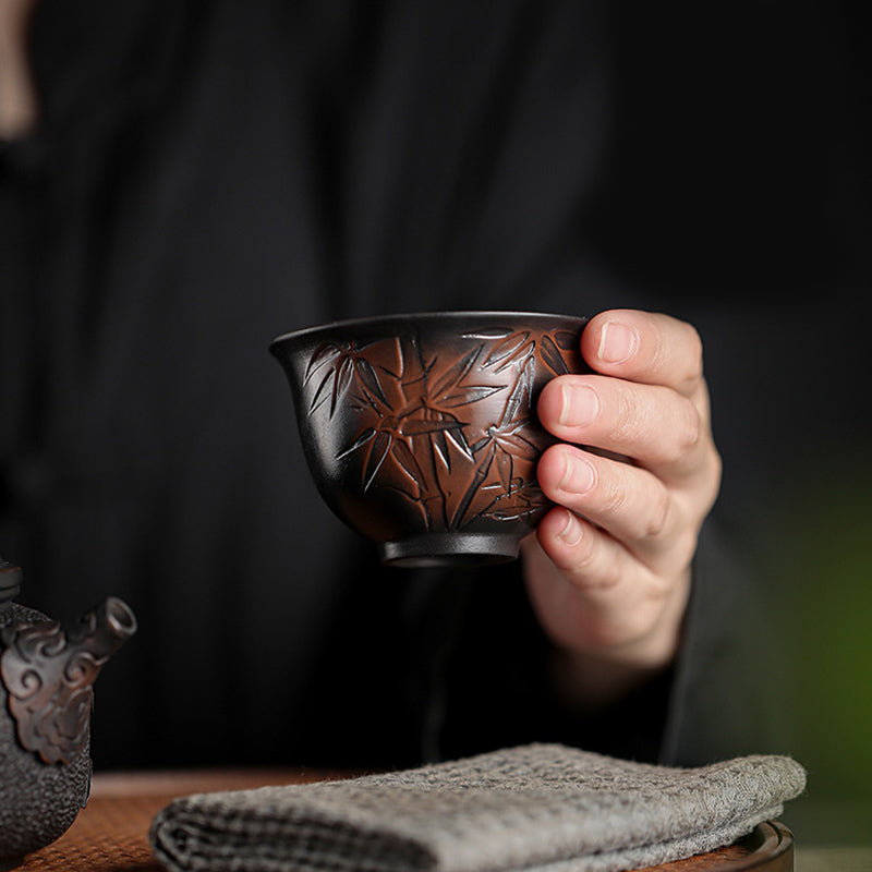 Buddha Stones, hoja de loto, paisaje de flores, dragón, taza de té de cerámica de bambú, tazón de taza de té de Kung Fu