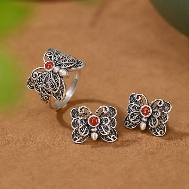 Juego de pendientes de anillo de autoaceptación de mariposa de ágata roja de plata de ley 925 con Buddha Stones