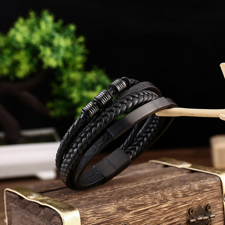 Pulsera con hebilla magnética trenzada con equilibrio de acero y titanio multicapa de cuero con Buddha Stones