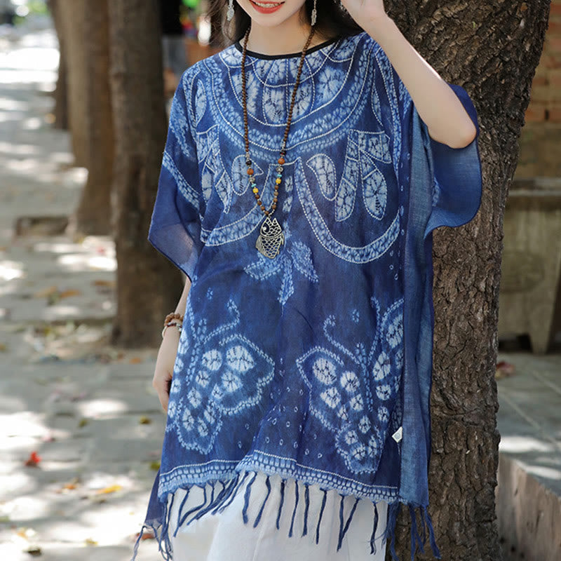 Jersey de viaje acogedor con borlas y chal teñido añil de mariposa azul con Buddha Stones 90*95cm
