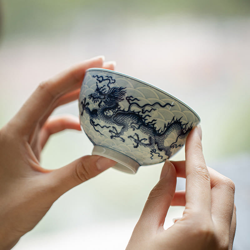 Tazas de té de cerámica con diseño de dragón azul y Buddha Stones, tazas de té de Kung Fu