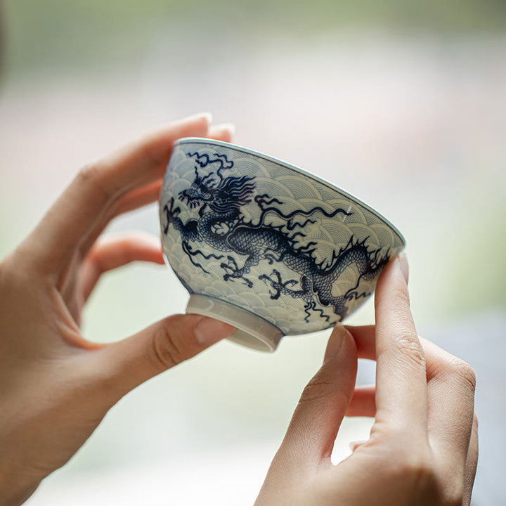 Tazas de té de cerámica con diseño de dragón azul y Buddha Stones, tazas de té de Kung Fu