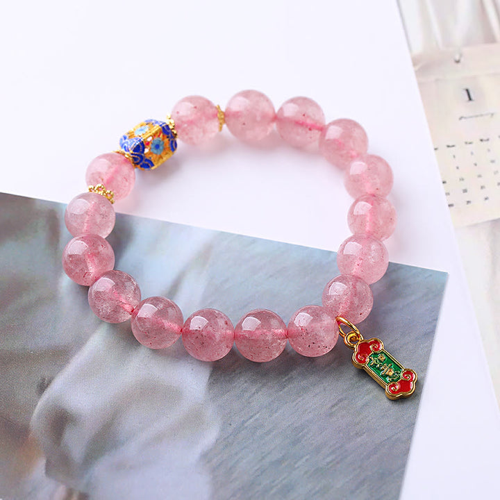 Pulsera con dijes Ruyi positivos de cuarzo fresa y Buddha Stones
