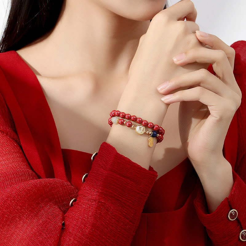 Pulsera de bendición de doble envoltura con carácter Fu de piedra Tridacna de cinabrio de plata de ley 925 de Buddha Stones - image 2