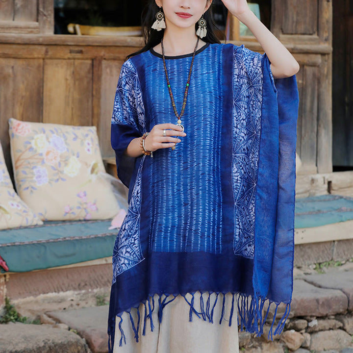 Jersey de viaje acogedor con borlas y chal Batik de rayas geométricas azules con Buddha Stones 90*95cm