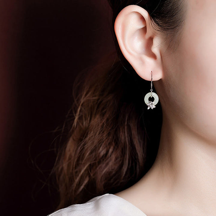 Pendientes de plata de ley 925 con Buddha Stones , jade hetiano, hebilla de la paz, orquídea y prosperidad