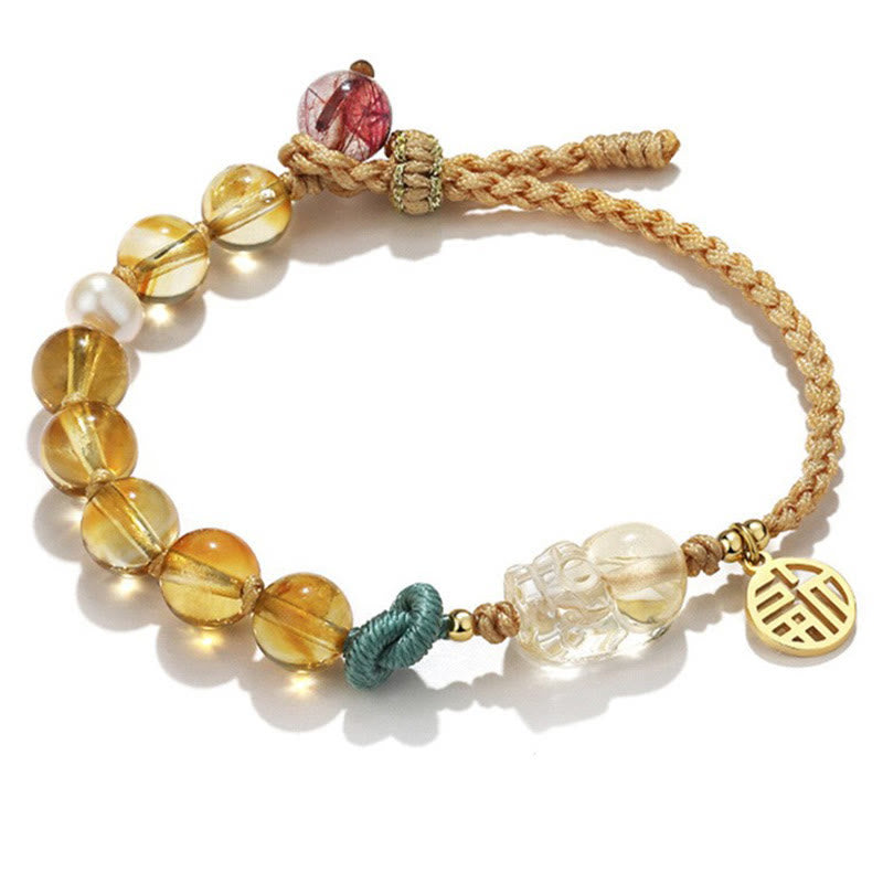 Pulsera trenzada de cuerda de prosperidad con carácter de citrino PiXiu Fu de Buddha Stones