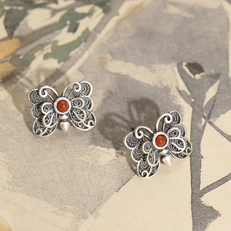 Juego de pendientes de anillo de autoaceptación de mariposa de ágata roja de plata de ley 925 con Buddha Stones