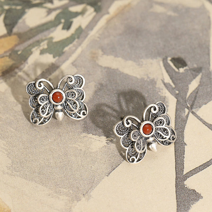 Juego de pendientes de anillo de autoaceptación de mariposa de ágata roja de plata de ley 925 con Buddha Stones