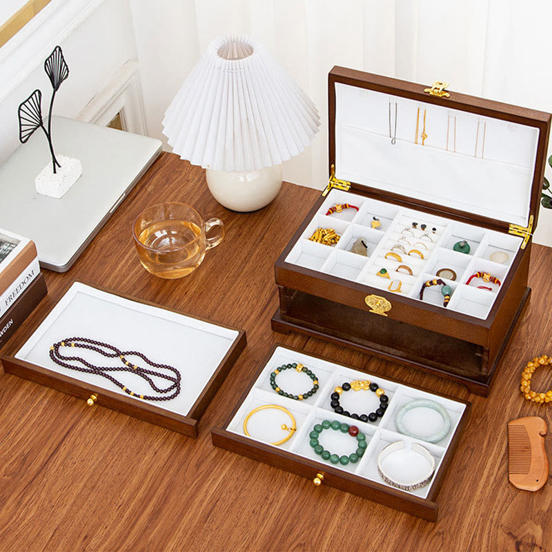 Caja de joyería de madera retro con Buddha Stones, caja de almacenamiento de joyas de tres capas