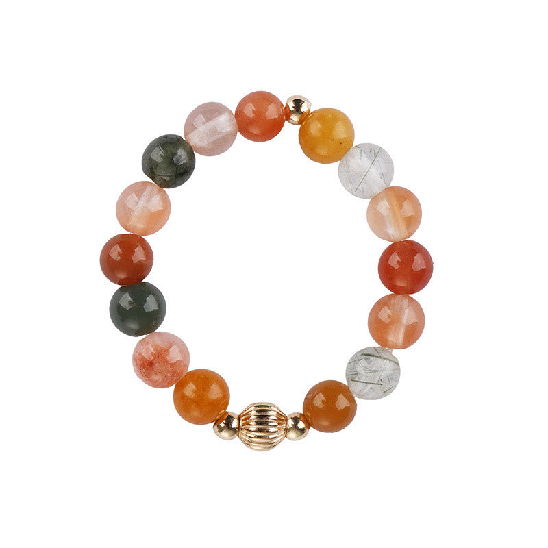 Anillo de riqueza de felicidad con piedra lunar de melocotón y cristal Fu Lu Shou de cobre chapado en oro de 14 quilates con Buddha Stones
