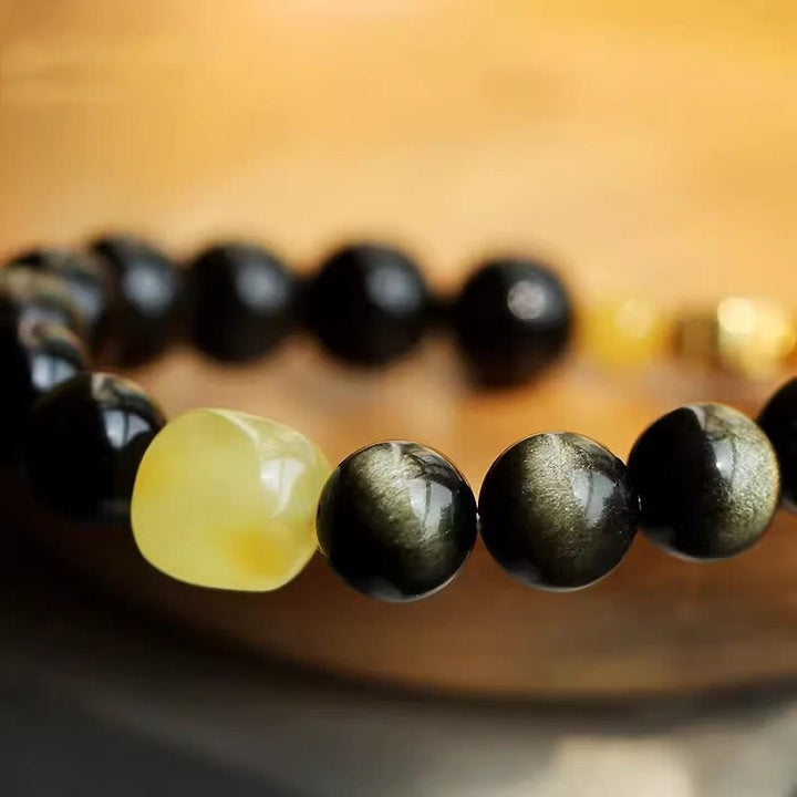 Pulsera de protección de la riqueza, Plata de Ley 925 con Buddha Stones , zodíaco chino, Buda natal, brillo de oro Natural, obsidiana, ámbar
