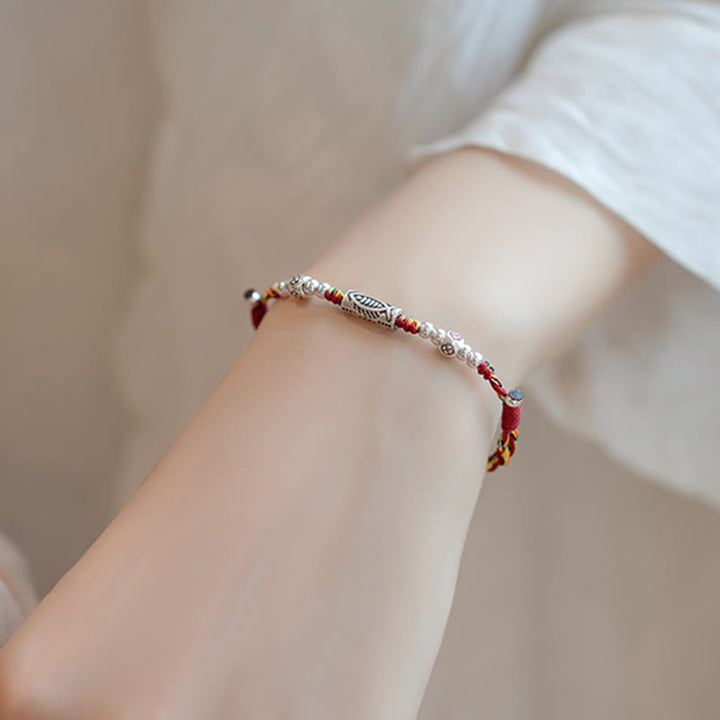 Pulsera tobillera de hilo colorido trenzado con pez Koi de la suerte de plata de ley 925 con Buddha Stones