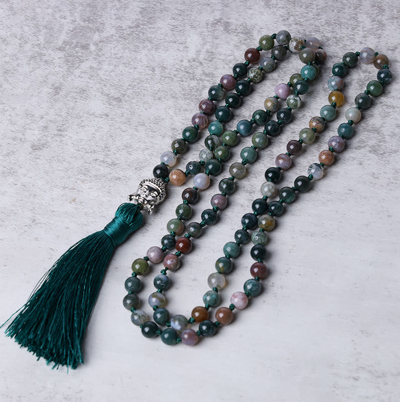 Pulsera de limpieza de cabeza de Buda de ágata india con 108 Buddha Stones