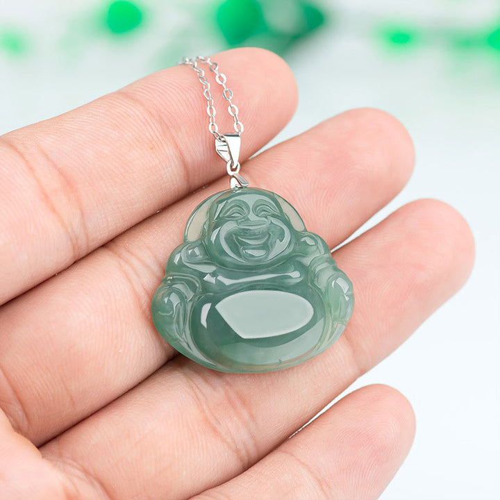 Buddha Stones de plata de ley 925 con colgante de cadena y collar de protección de jade de Buda sonriente - image 4