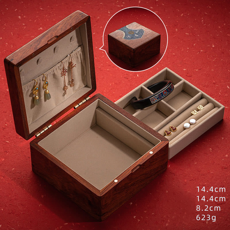 Caja organizadora de regalo de madera, caja de almacenamiento de joyería de palisandro hecha a mano con hoja de flor antigua
