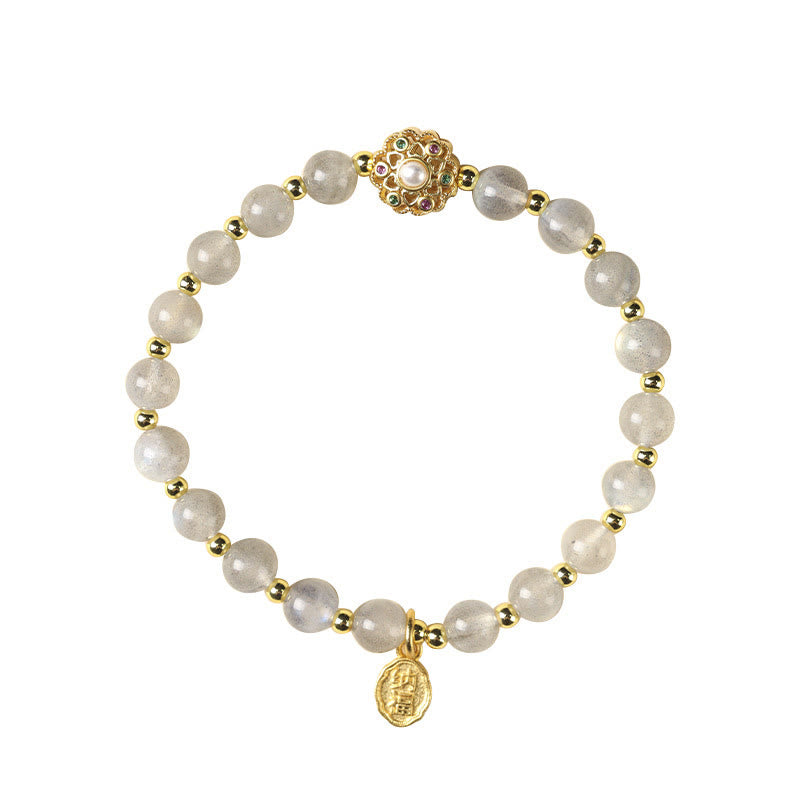 Buddha Stones chapadas en oro de 14 quilates, cuarzo fresa natural, labradorita, piedra solar, personaje Fu, pulsera con dije positivo