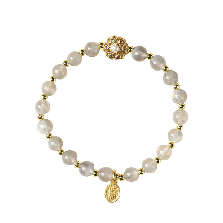 Buddha Stones chapadas en oro de 14 quilates, cuarzo fresa natural, labradorita, piedra solar, personaje Fu, pulsera con dije positivo