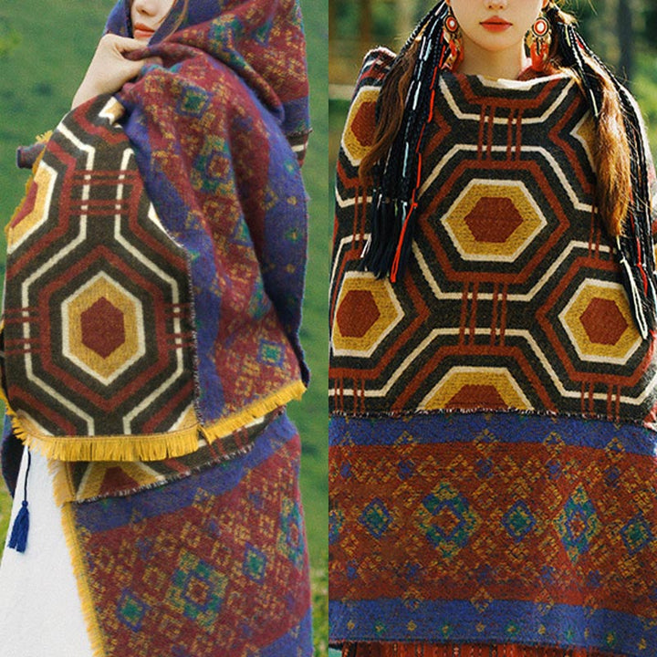 Mantón tibetano de Buddha Stones, patrón de formas geométricas, marrón, azul y rojo, bufanda de viaje acogedora para invierno