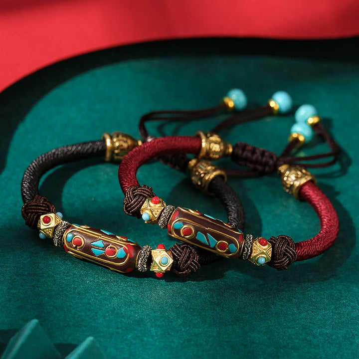 Pulsera trenzada de fuerza Om Mani Padme Hum de turquesa tibetana hecha a mano con Buddha Stones