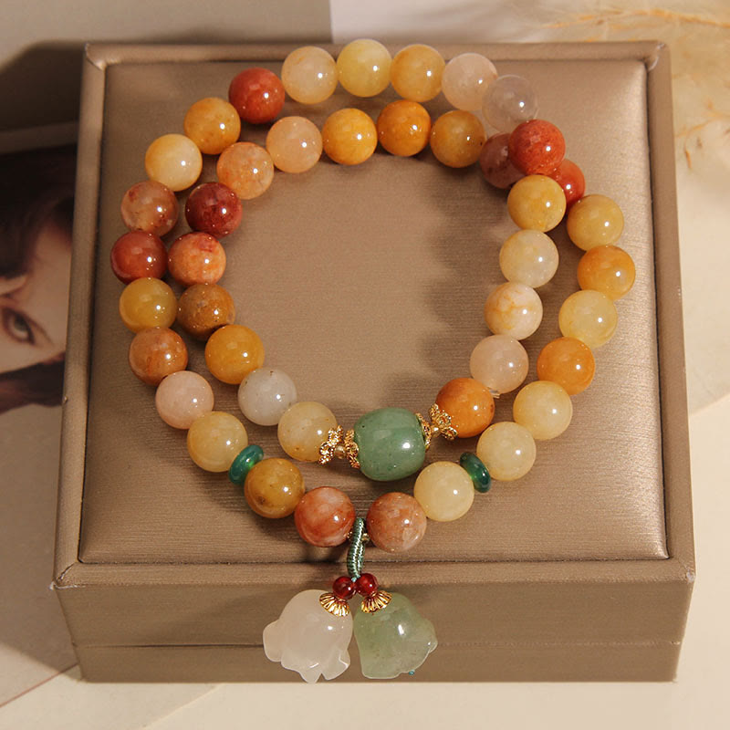Pulsera de la suerte de orquídeas con campana de doble capa de Jade de seda dorada Natural del Tíbet con Buddha Stones