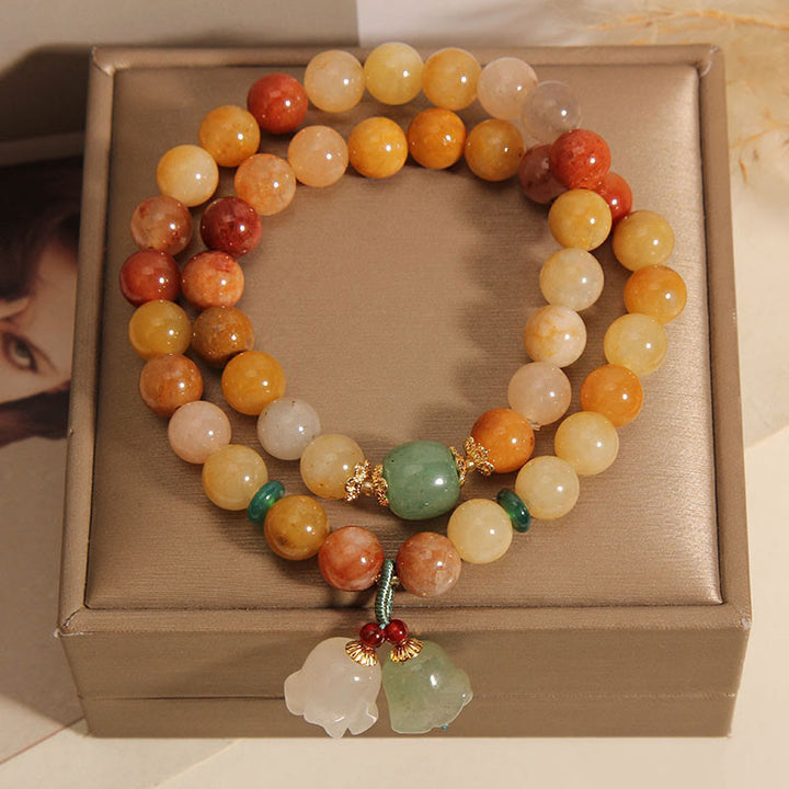 Pulsera de la suerte de orquídeas con campana de doble capa de Jade de seda dorada Natural del Tíbet con Buddha Stones