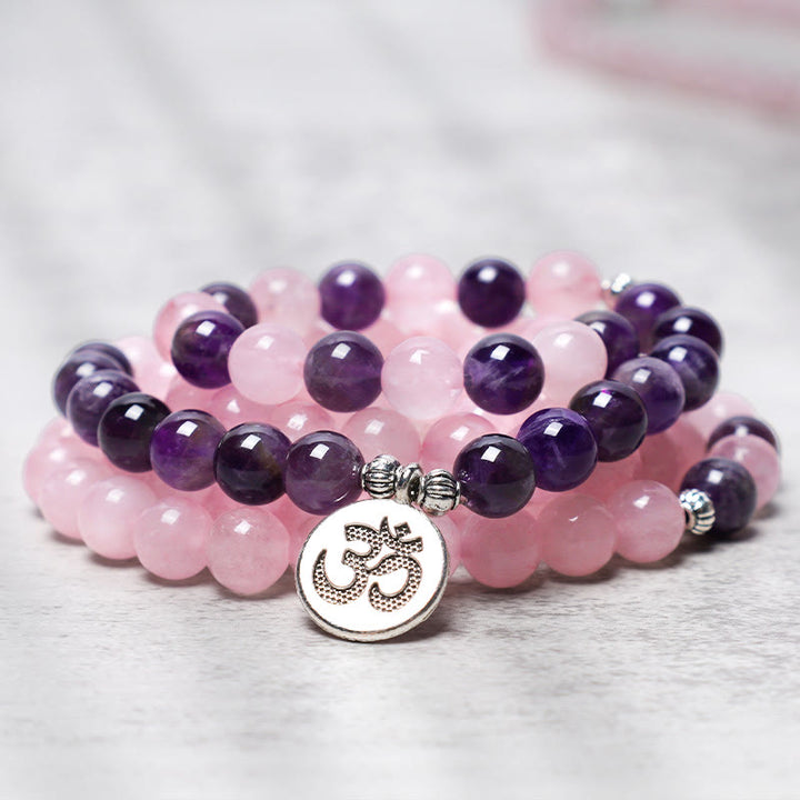 Pulsera con colgante de loto con cuentas Mala de cuarzo rosa natural y amatista con Buddha Stones