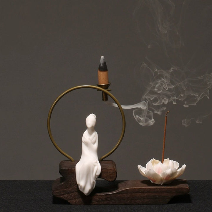 Quemador de incienso de meditación curativa de loto de cerámica con Buddha Stones , decoración
