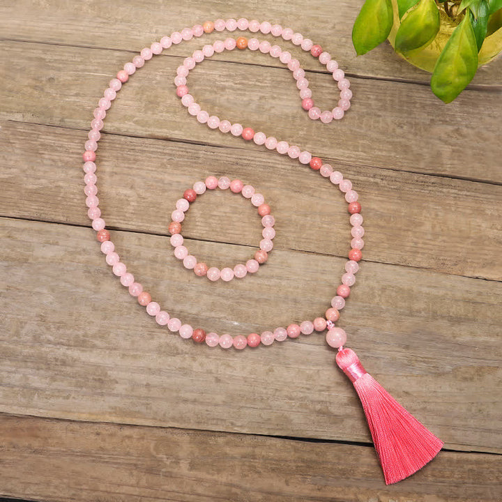 Pulsera con borlas de amor de cristal rosa de 108 cuentas Mala