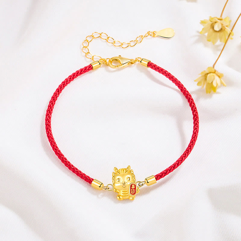 Pulsera de cadena de cuerda roja con Buddha Stones , Plata de Ley 925, Año del Dragón de la suerte, dragón dorado de la suerte