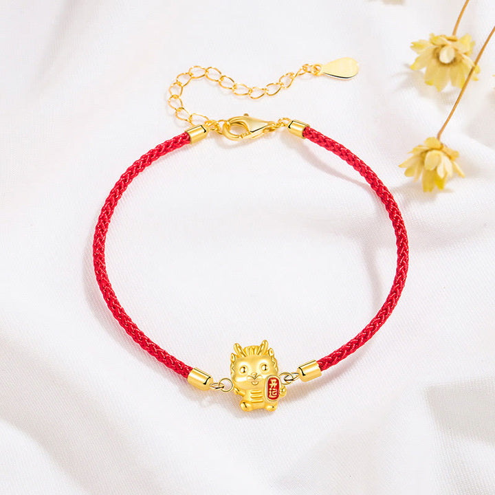 Pulsera de cadena de cuerda roja con Buddha Stones , Plata de Ley 925, Año del Dragón de la suerte, dragón dorado de la suerte